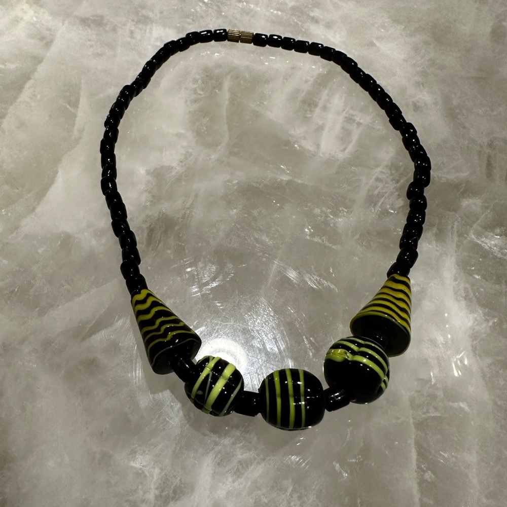 60s African Trade Bead Necklace 15in Black and Yellow